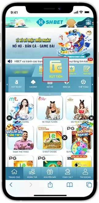 Bước 1: Tại trang chủ chọn -> Rút Tiền